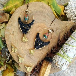 Bohemian macrame earrings with Tibetan Turquoise